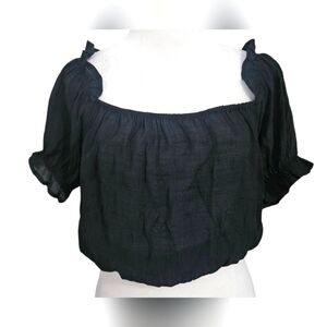 FAVLUX  Puff Sleeve Peasant Sheer Crop Blouse In Black. Size Large